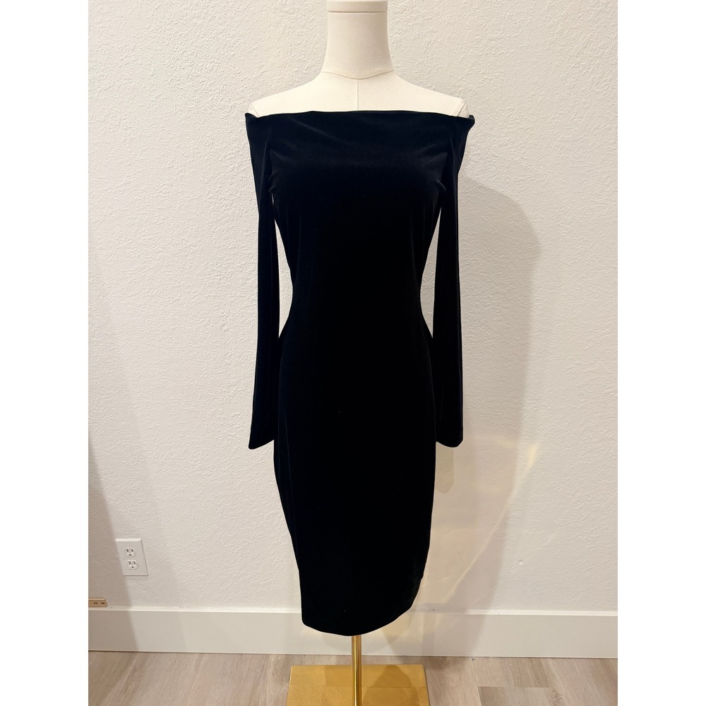 L'AGENCE Black Velvet Off Shoulder Long Sleeve Bodycon Dress M Dark Feminine
